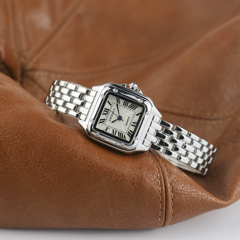 Luxury Fashion Ladies Watch Square Brand Ladies Quartz Watch Silver Steel Strap