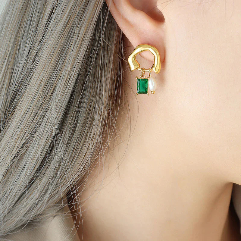 Geometric emerald earrings with pearl detail