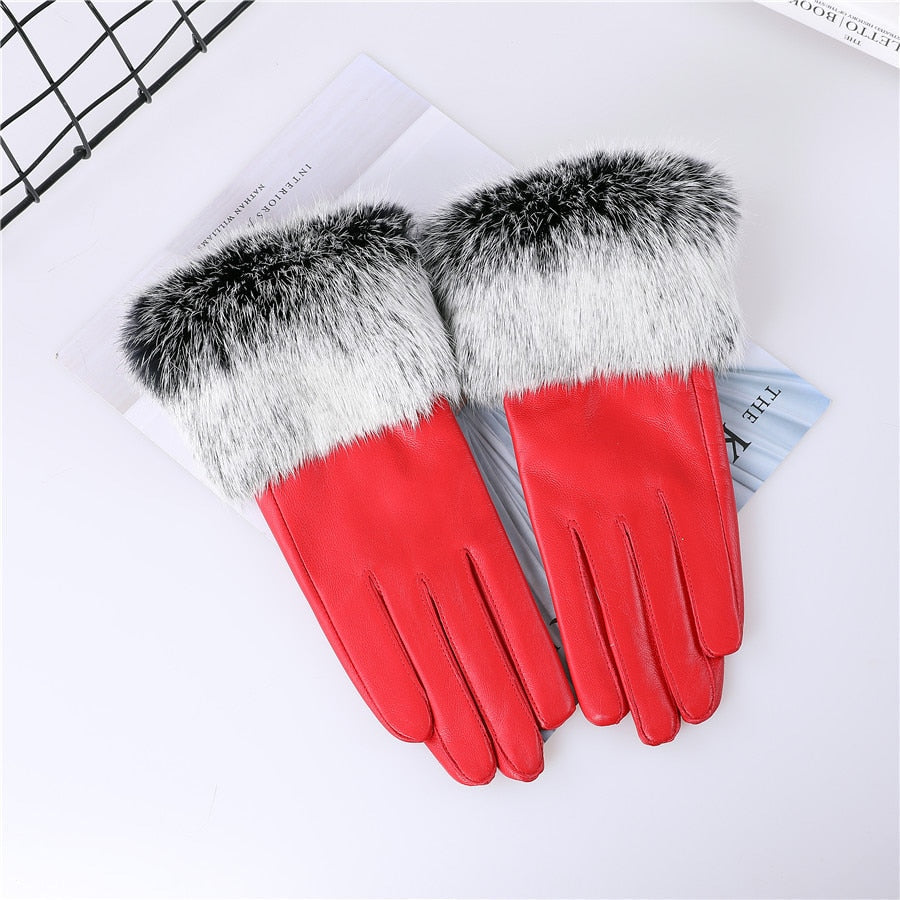 Genuine lamb leather gloves with rabbit fur cuffs | Ladies leather gloves