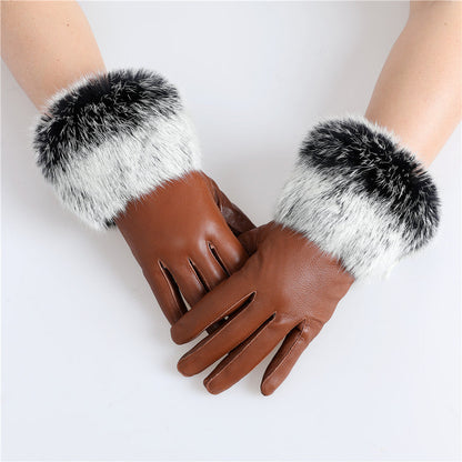 Genuine lamb leather gloves with rabbit fur cuffs | Ladies leather gloves