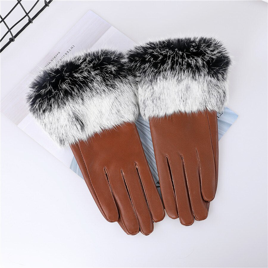 Genuine lamb leather gloves with rabbit fur cuffs | Ladies leather gloves