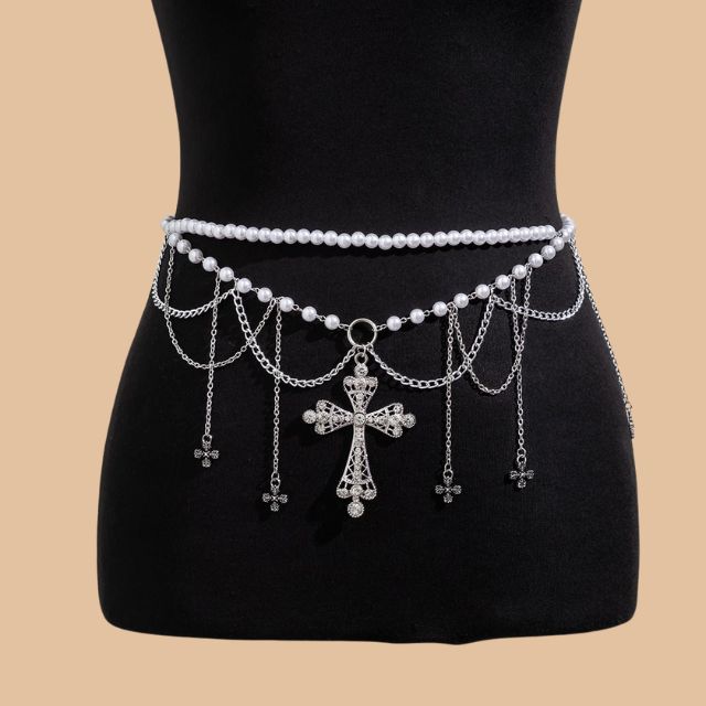 Gothic imitation pearl waist chain with cross pendants