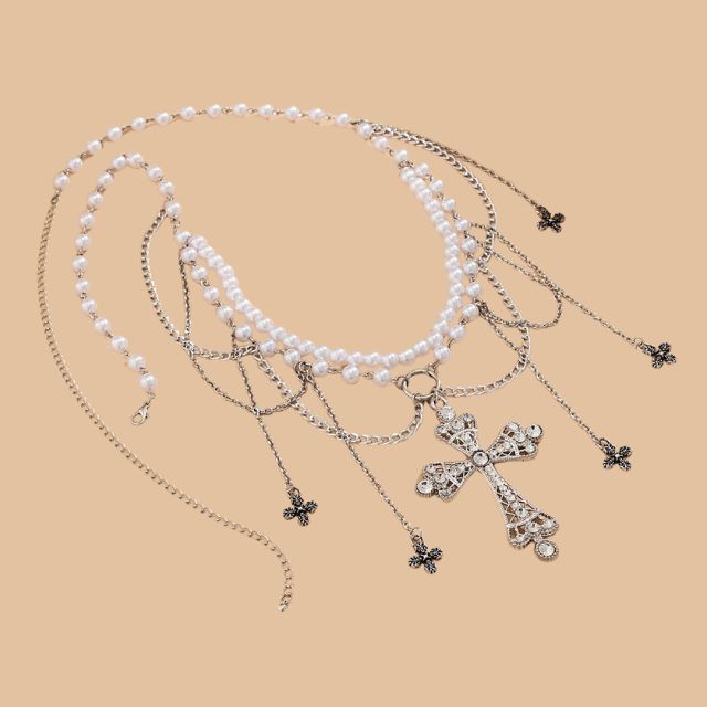 Gothic imitation pearl waist chain with cross pendants