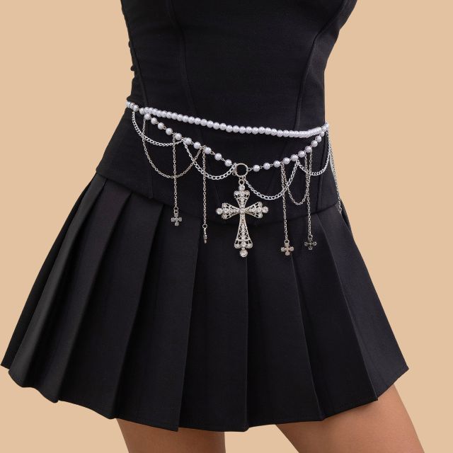 Gothic imitation pearl waist chain with cross pendants