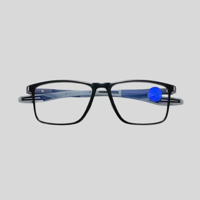 Contemporary rectangular glasses with coloured temples