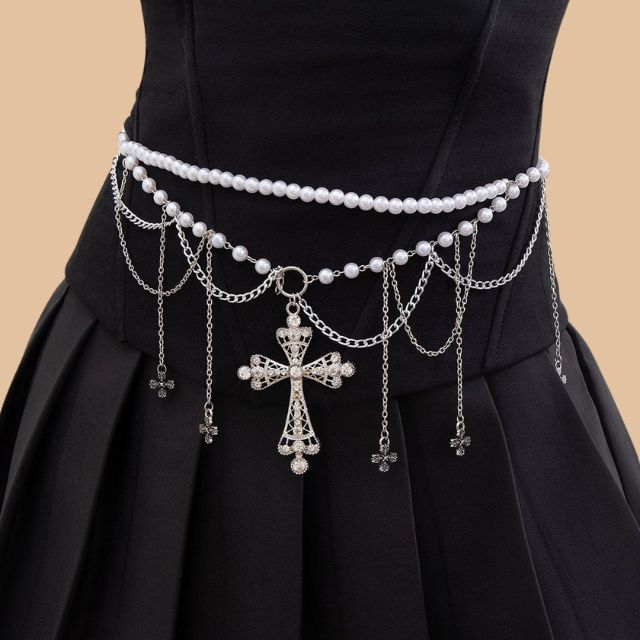 Gothic imitation pearl waist chain with cross pendants