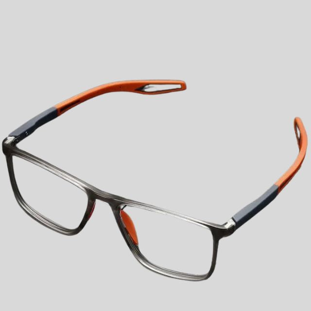 Contemporary rectangular glasses with coloured temples