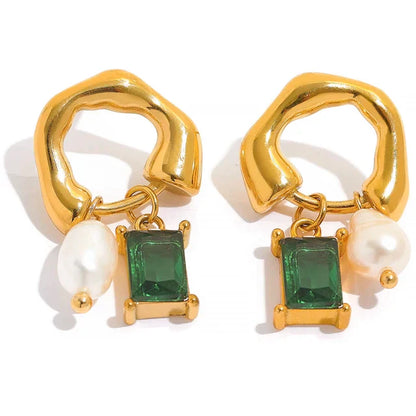 Geometric emerald earrings with pearl detail