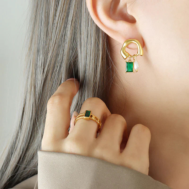 Geometric emerald earrings with pearl detail