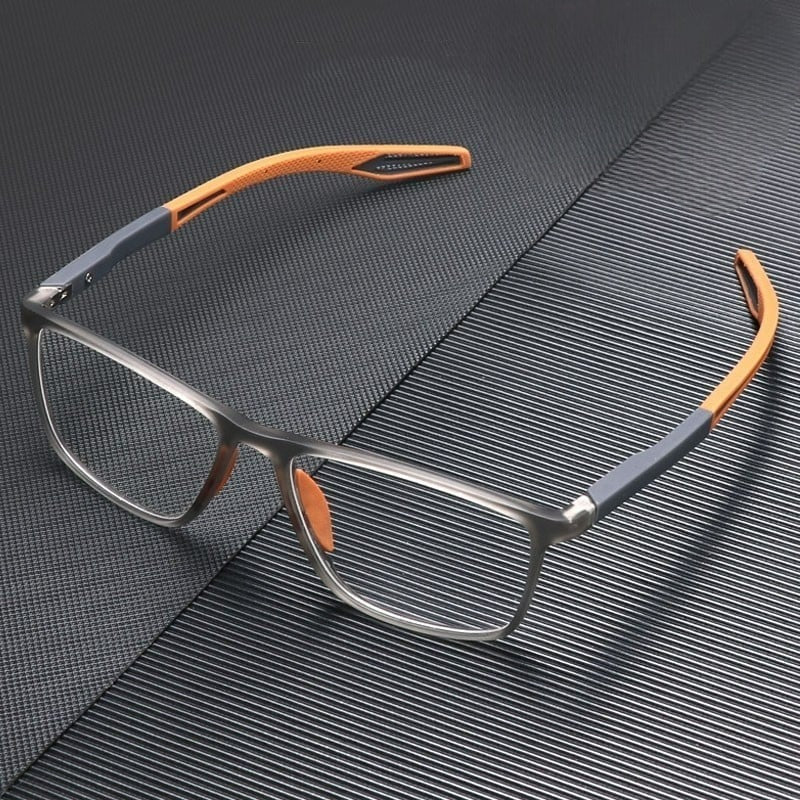 Contemporary rectangular glasses with coloured temples