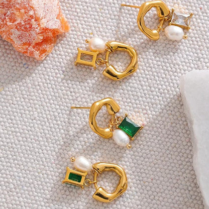 Geometric emerald earrings with pearl detail